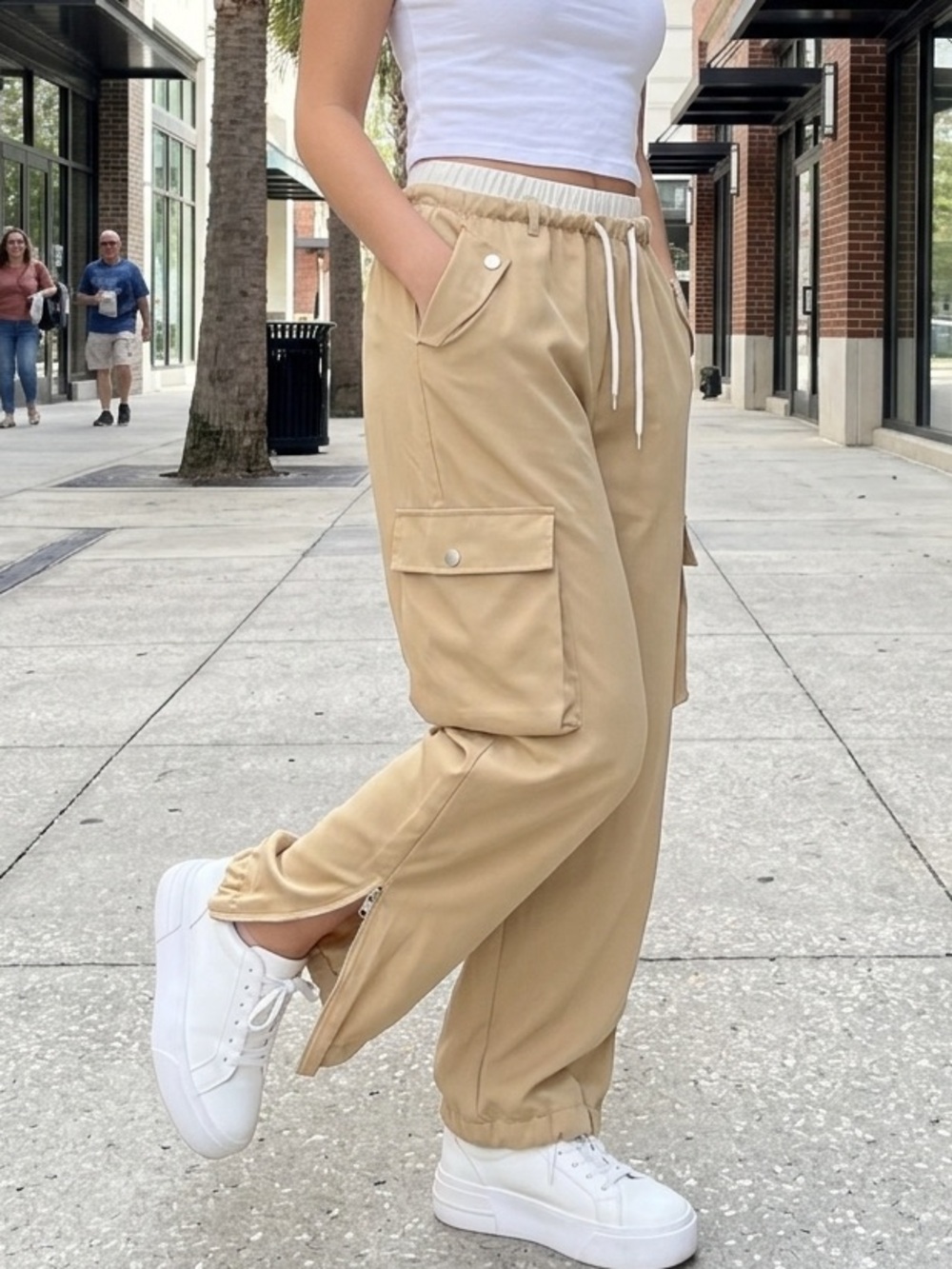 Y2K Beige Wide Leg Cargo Parachute Pants Small Double Waistband Gorpcore